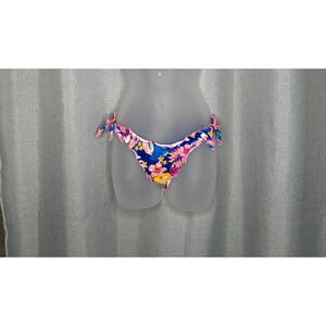 Hobie Bikini Bottom XS Blue Floral Hawaiian‎ Tropical Tie Sides Ruffled New
